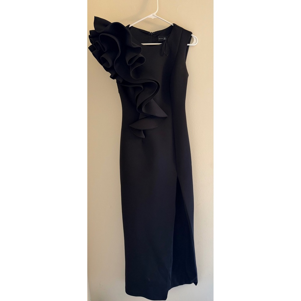 Betsy & Adam Black Scuba Ruffle Shoulder Maxi Dress Side Slit Size 2 Formal Gown - Picture 3 of 9